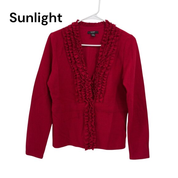 Alfani Petite Womens Red Ruffle Front Cardigan Sweater 100% Merino Wool Size P/S - Picture 1 of 11